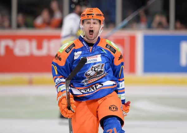Tyler Mosienko celebrates scoring one of his hat-trick strikes against Manchester Storm. Picture: Dean Woolley.