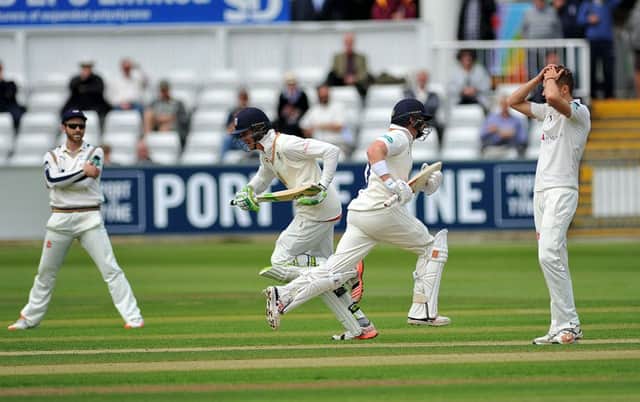 Keaton Jennings, left, and Mark Stoneman add runs for Durham against Yorkshire when the two sides met at Chester-le-Street earlier this season. Picture: Frank Reid.