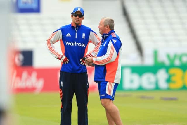 Paul Farbrace speaks with England captain Alastair Cook during an England nets session (Picture: PA).