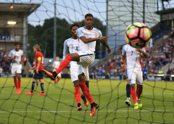 Marcus Rashford celebrates scoring his third goal of the game during England Under-21s' 6-1 win over the Norwegian counterparts (Picture: Nigel French/PA Wire).