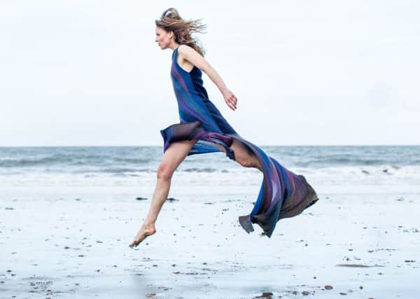 Patricia Stienstra modelling a mixed blues and navy merino wool Sea Waves dress - photo taken by Jo Dennison