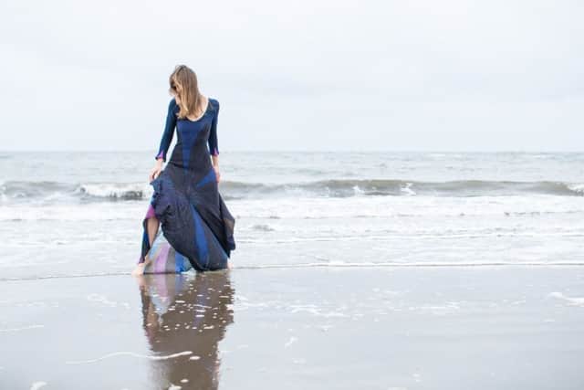 Sea Water Dress modelled by Patricia Stienstra wool cotton and raw silk - photo by Jo Dennison