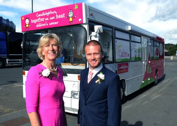 Emmerdale star Matt Wolfenden and Candlelighters Patron Lady Emma Ingilby at the launch of the new Candlelighters unique service delivery bus. rom left,  9th September 2016. Picture : Jonathan Gawthorpe