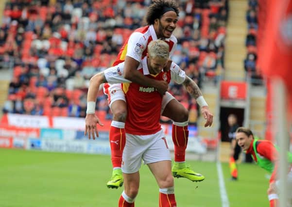 Greg Halford celebrates after scoring Rotherham United's second goal in the draw with Bristol City (Picture: Chris Etchells).