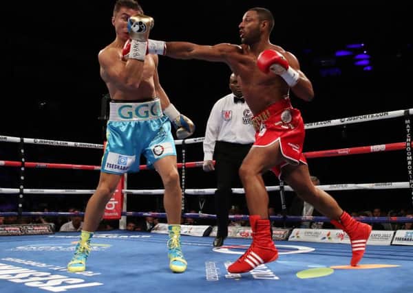 Gennady Golovkin (left) and Kell Brook during the WBC, IBF and IBO World Middleweight title bout at The O2 Arena. Picture: Nick Potts/PA
