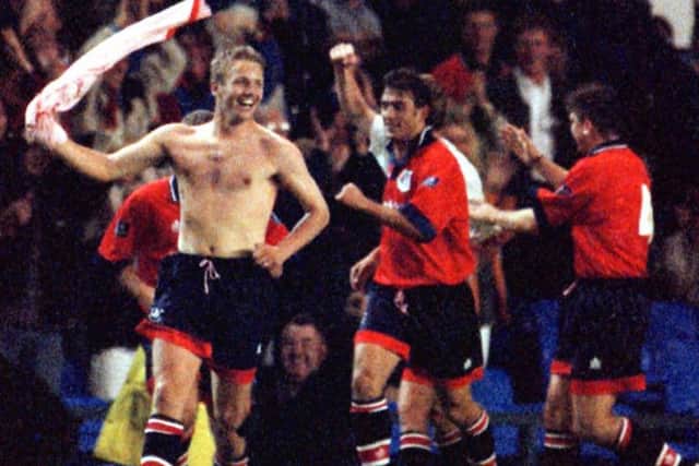 MAGIC MEMORIES: York City players celebrate their goal at Goodison in the first leg of the Coca Cola Cup second round tie Picture: Dave Kendall/PA.