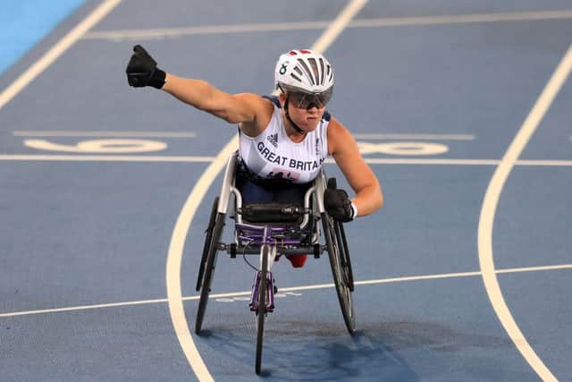 Halifax's Hannah Cockroft celebrates winning gold in the Women's 100m T34 Final . Picture: Adam Davy/PA