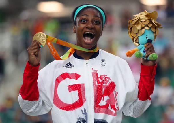 Great Britain's Kadeena Cox celebrates with her Gold medal won in the Women's C4-5 500m Time Trial Picture: Andrew Matthews/PA