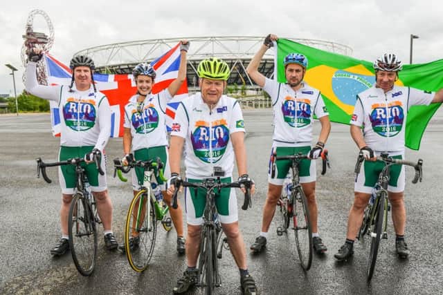 From left: Paul Highton, Charlie Webster, Mike Tomlinson, Darren Clark and  Mike West at their starting point at the Olympic Stadium in London