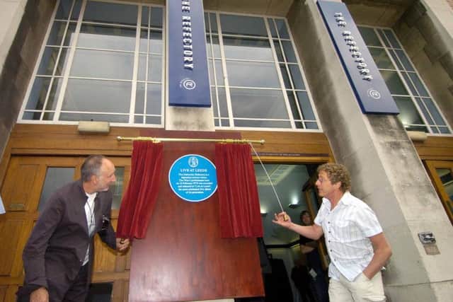 17th June 2006.
Pete Townshend and Roger Daltrey, the two remaining band members of The Who,  unveil a Civic Trust blue plaque in honour of the legendary concert 'Live at Leeds' which was record in 1970 in the Refectory at Leeds University.