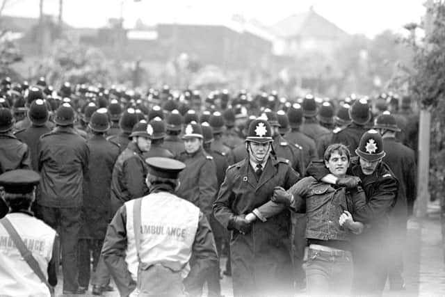 Police  outside the Orgreave Coking Plant near Rotheram during the miners' dispute in 1984