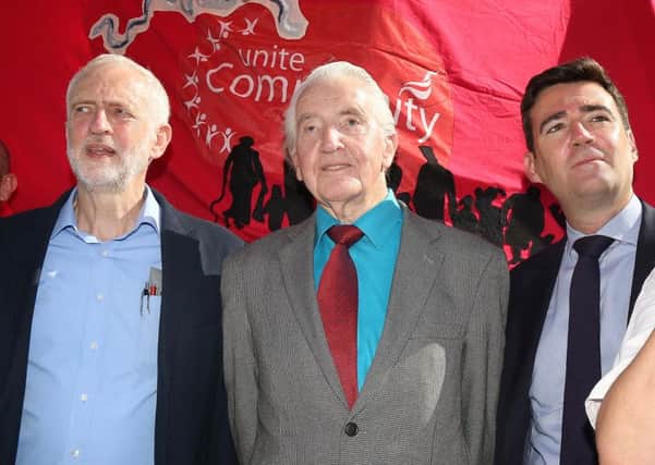 Labour leader Jeremy Corbyn, Dennis Skinner MP and shadow home secretary Andy Burnham attend a rally for the Orgreave Truth and Justice Campaign