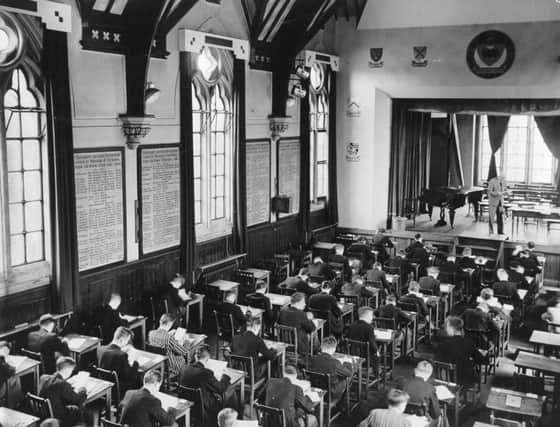 Leeds Grammar School taken more than 50 years ago.  Pupils sitting exams in the school hall.