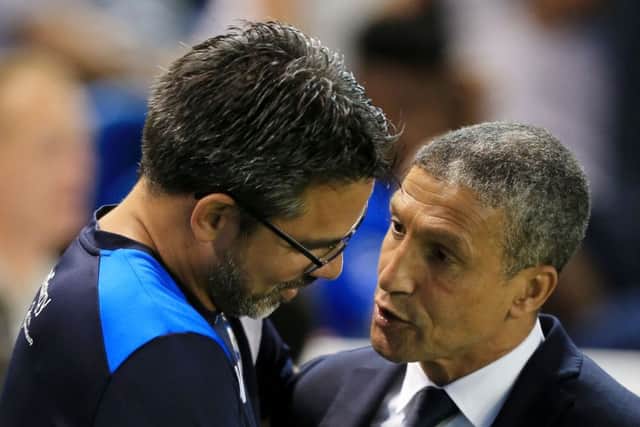 Huddersfield Town manager David Wagner with Brighton & Hove Albion manager Chris Hughton before kick off. Picture: Gareth Fuller/PA.