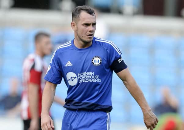 FC Halifax Town's Liam King scored his side's second goal in the 3-2 defeat at Gainsborough. Picture: Bruce Rollinson