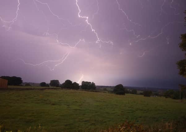 The picture was taken in complete darkness - all the light across Nidderdale is from the lightning taken by Stephen Mobbs, looking north-west from Felliscliffe towards Pateley Bridge.