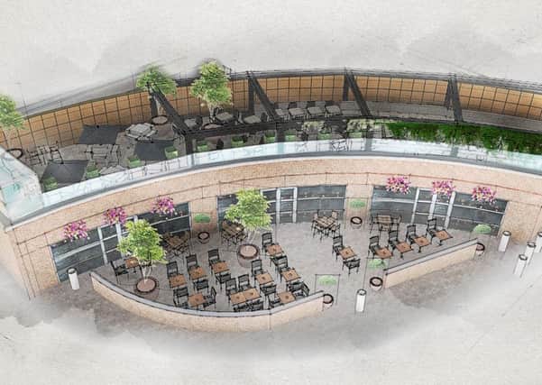 Artist's impression  for a planned roof terrace at the Wetherspoons in Leeds railway station. Image: K D Paine and Associates
