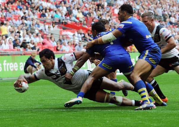 Hull's Mahe Fonua scores their first try at Wembley.