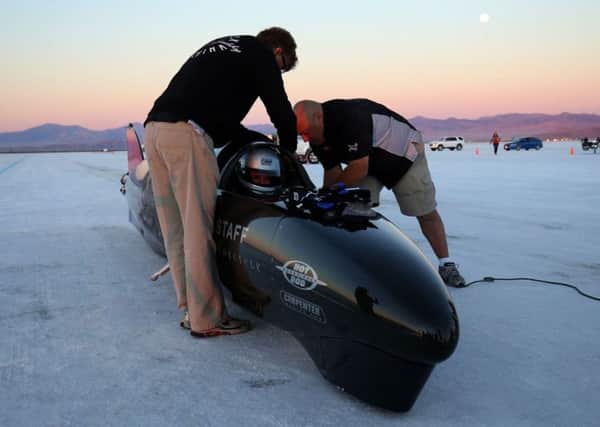 Guy Martin is strapped into the Triumph Infor Rocket Streamliner on track at the Bonneville speedway as he prepares for a test run before challenging for the world land speed record in Utah, USA.  Pic: Chris Radburn/PA Wire