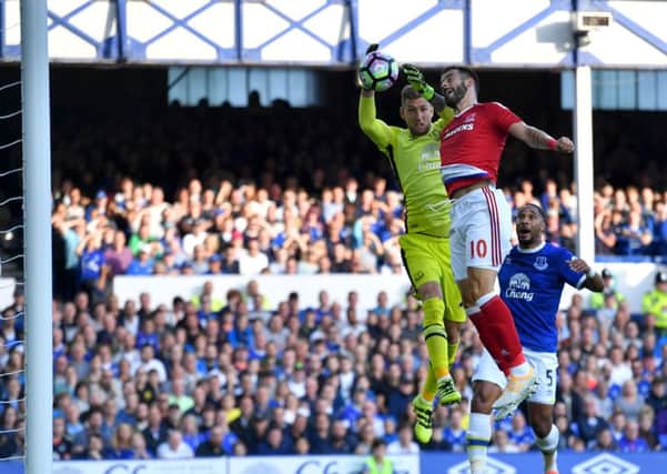 Middlesbrough's Alvaro Negredo scores against Everton at Goodison Park but the visitors lost 3-1 (Picture: Dave Howarth/PA Wire).