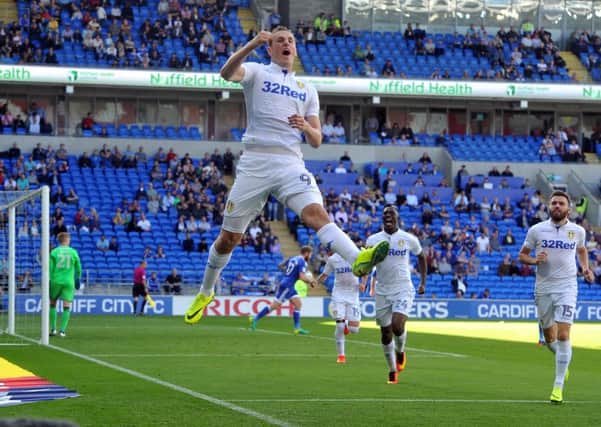 Chris Wood celebrates after giving Leeds United the lead against Cardiff from the penalty spot (Picture: Tony Johnson).