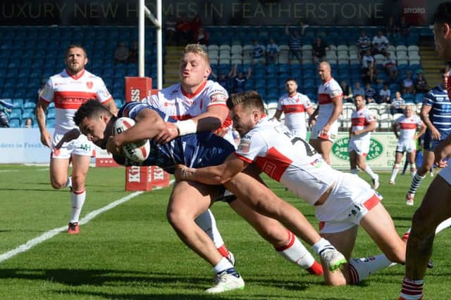 Featherstone Rovers' Josh Walters, scoring a try.