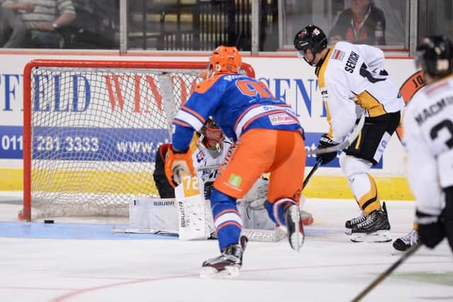BREATHING SPACE: Mathieu Roy (hidden) scores Steelers' seventh goal against Nottingham. Picture: Dean Woolley.