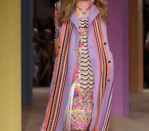 Vibrant pastels and eclectic embellishment and pattern from Temperley.

 (AP Photo/Alastair Grant)