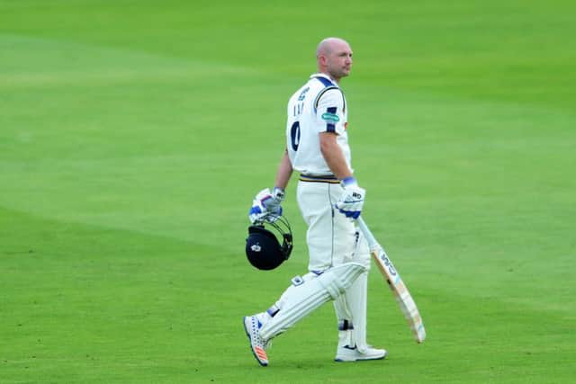 Yorkshire's Adam Lyth trudges off after being bowled by Middlesex's Steven Finn. 21st September 2016. Picture : Jonathan Gawthorpe