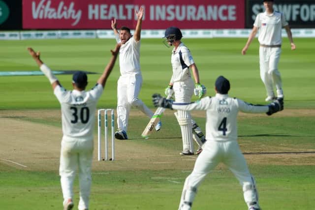 Yorkshire's Tim Bresnan appeals for the wicket of Middlesex's Nick Gubbins.