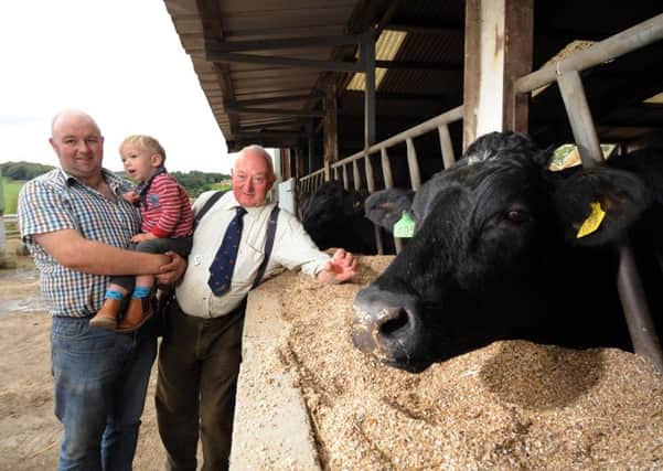 Richard Haigh at New Hall Farm, Hopton, with his son, Charles, and grandson, Jed.  Picture: Simon Hulme