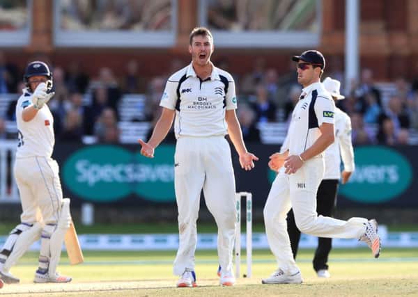Middlesex's Toby Roland-Jones celebrates taking the wicket of Yorkshire's Tim Bresnan on day four at Lord's. Picture: John Walton/PA.