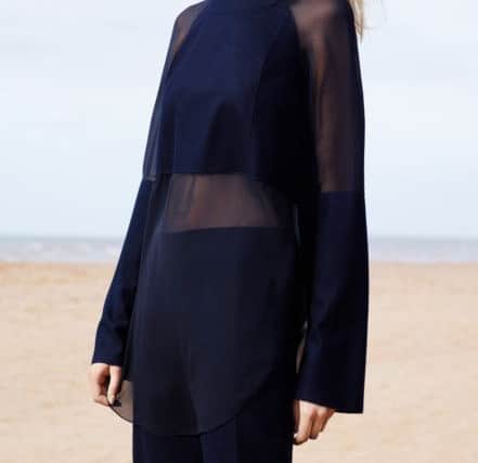 Navy top with bonded panels, Â£99; navy trousers with bonded panels, Â£89.