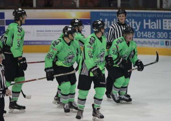 NICE ONE: Hull Pirates' players celebrate one of their five goals against Yorkshire rivals Sheffield Steeldogs. Picture: Lois Tomlinson.