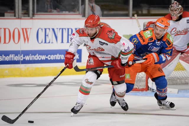 FRUSTRATING: Sheffield Steelers' Robert Dowd battles for possession in the 5-3 Challenge Cup defeat against Cardiff Devils on Sunday night. Picture: Dean Woolley.