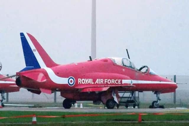 A BAE Systems Hawk jet on the ground at RAF Scampton in Lincolnshire