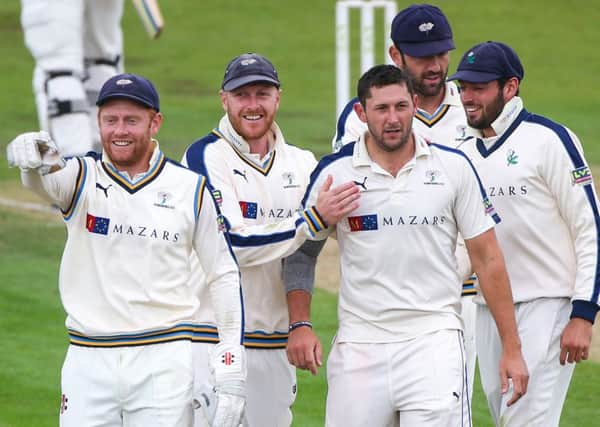 Yorkshire's Tim Bresnan (centre) is congratulated by Jonny Bairstow (left), Andre Gale (second left), Jack Leaning (right) and Liam Plunkett (second right).