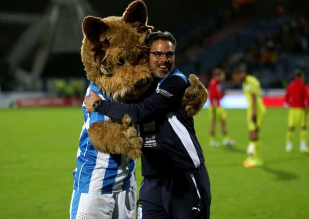 Huddersfield Town manager David Wagner celebrates with club mascot Terry Terrier (Photo: PA)