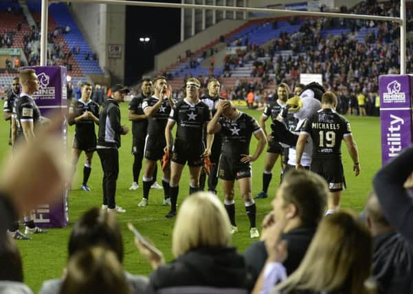 Hull FC are applauded by their travelling fans at full time.   Picture Bruce Rollinson