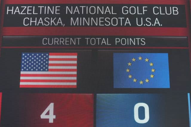 A view of the scoreboard, showing USA 4 up after the morning Foursomes.