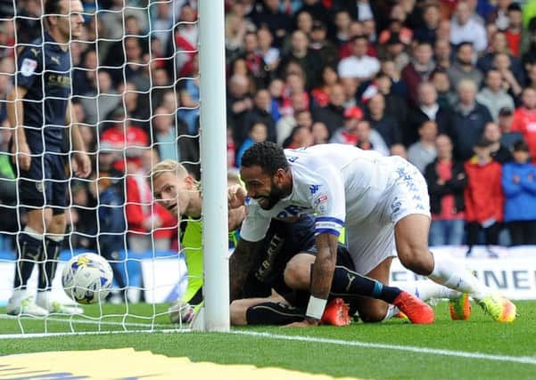 Leeds United's Kyle Bartley, reacts after scoring Leeds United's first goal of the match.