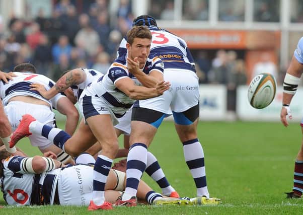 PILING ON THE PRESSURE: Yorkshire Carnegies Alex Davies gets another attack moving against Rotherham Titans at Clifton Lane. Picture: Scott Merrylees