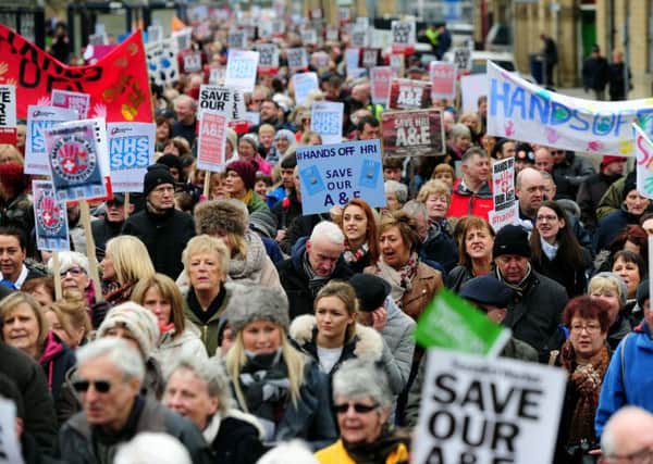 Huddersfield residents have been protesting against the proposed closure of the A&E department at Huddersfield Royal Infirmary since the plans were revealed by local health chiefs in January.  Picture: Jonathan Gawthorpe