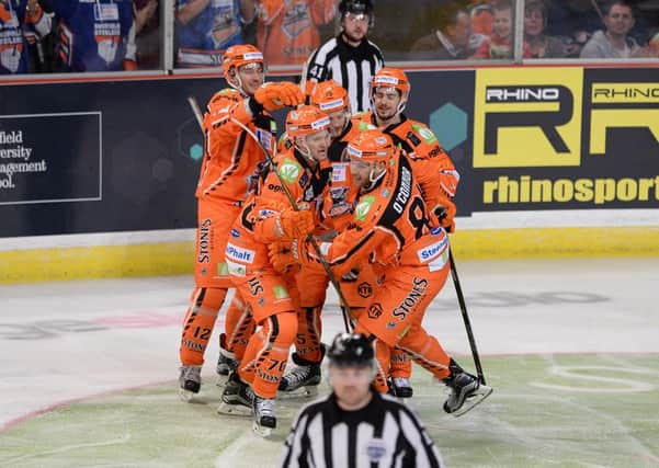Sheffield Steelers' celebrate one of their five goals against Braehead Clan. Picture: Dean Woolley.