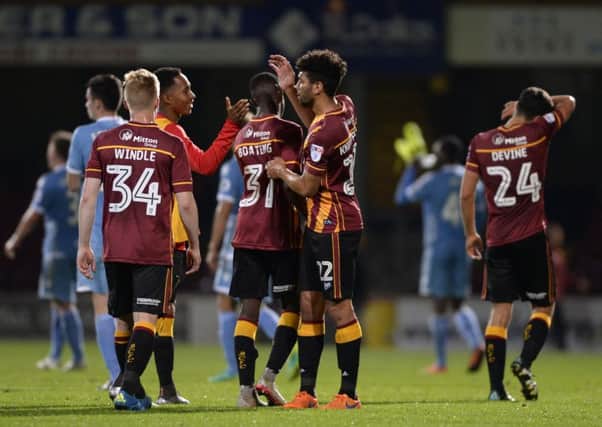 The Bantams celebrate their win over Stoke City's Under-23s at the end of August.  Picture Bruce Rollinson