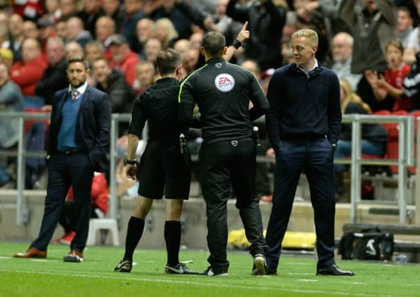 Referee Keith Stroud sends Leeds United manager Garry Monk to the stands at Bristol City (Picture: Bruce Rollinson).