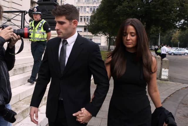 Footballer Ched Evans with partner Natasha Massey,  arriving at Cardiff Crown Court. PIC: PA