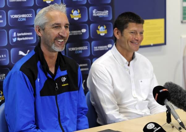Head Coach Jason Gillespie is to leave at the End of the season. He is pictured here with Director of Cricket at Yorkshire County Cricket Club Martyn Moxon, at the  end of the press Conference, at Headingley30th August 2016 ..Picture by Simon Hulme