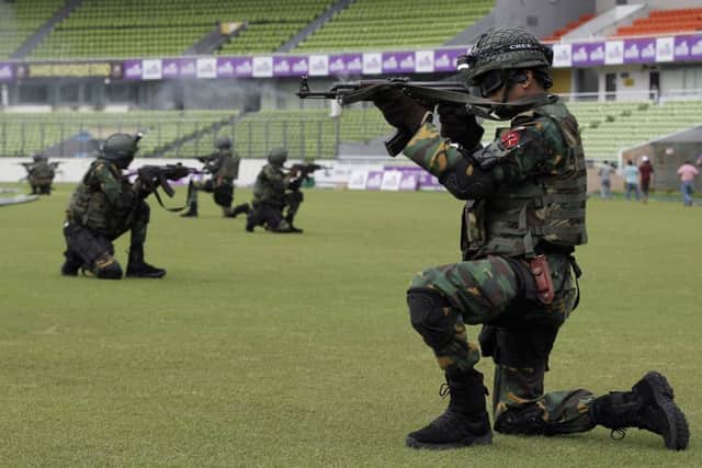 Bangladeshi security forces participate in security drill in Dhaka on Thursday. Picture: AP/AM Ahad.