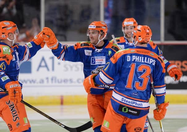 Andreas Valdix celebrates scoring for Sheffield Steelers at home to Nottingham Panthers in the Challenge Cup. Picture: Dean Woolley.